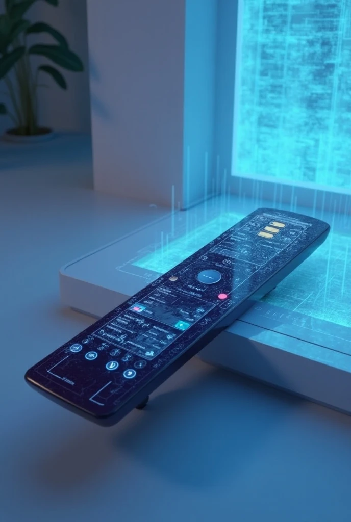 Image of a television remote control with a futuristic digital touchscreen Cyber Android plasma screen