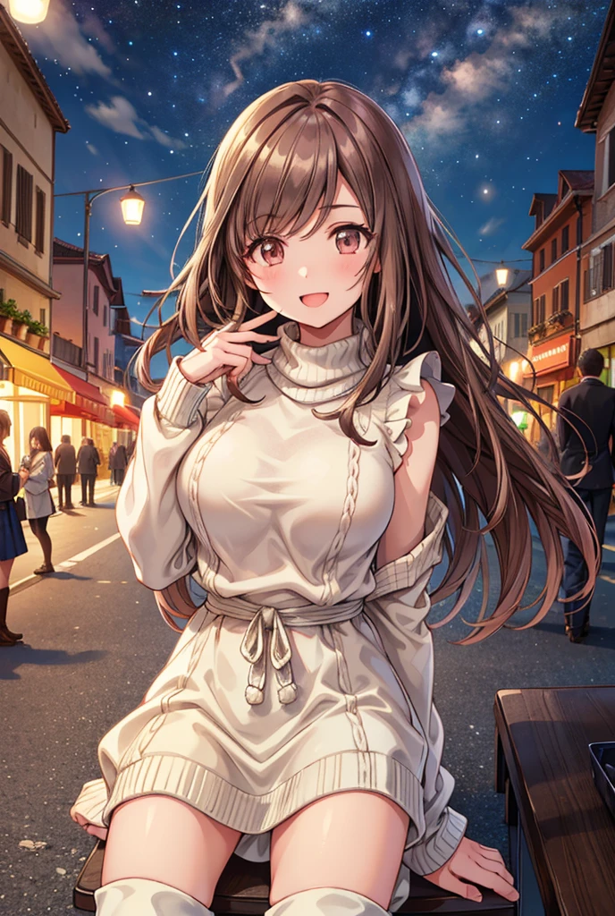  1 girl, solo,  High Resolution , Long Hair, ((Large Breasts)), smile,  brown eyes , Brown Hair, In the streets of Italy,  High Resolution , masterpiece, accurate,  full body standing picture depicting an anatomically correct , 最high quality,  detail, 高い detail,  high definition models, high quality,  very detailed,  textured skin,  ultra-fine, White knit sweater,  brown mini skirt ,  long boots for stepping on bread,  sit on a chair,  opens her mouth, Cooking on the desk, Emphasize the upper body, Italian cafe , night,Terrace seats, Starry Sky, underwear,