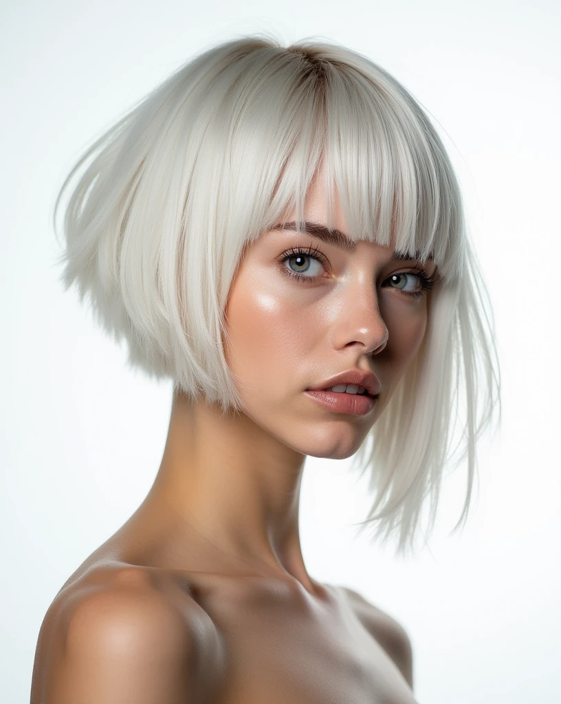 Close-up portrait of a young woman with a striking asymmetrical haircut:

Style: Dramatically asymmetrical bob
Length: Very short pixie cut on the left side, gradually transitioning to shoulder-length on the right side
Left side: Closely cropped, almost buzzed, revealing the scalp
Right side: Longer strands falling just past the shoulder, textured and piece-y
Top: Longer layers swept dramatically to the right, creating a bold, sweeping fringe
Color: Uniform platinum blonde throughout, cool-toned and highly reflective
Texture: Sleek and straight, with a glass-like shine
Styling: Hair styled to emphasize the contrast between the short and long sides
Part: Deep side part on the left, accentuating the asymmetry
View: Three-quarter angle, clearly showcasing the dramatic difference between sides
Expression: Confident and edgy, with a slight smirk
Makeup: Minimalist, focusing on glowing skin and subtle eye emphasis
Lighting: High-key lighting to accentuate the platinum color and the cut's sharp lines
Background: Clean, white studio background

Image style: High-fashion editorial, ultra-sharp focus, hyper-realistic detail