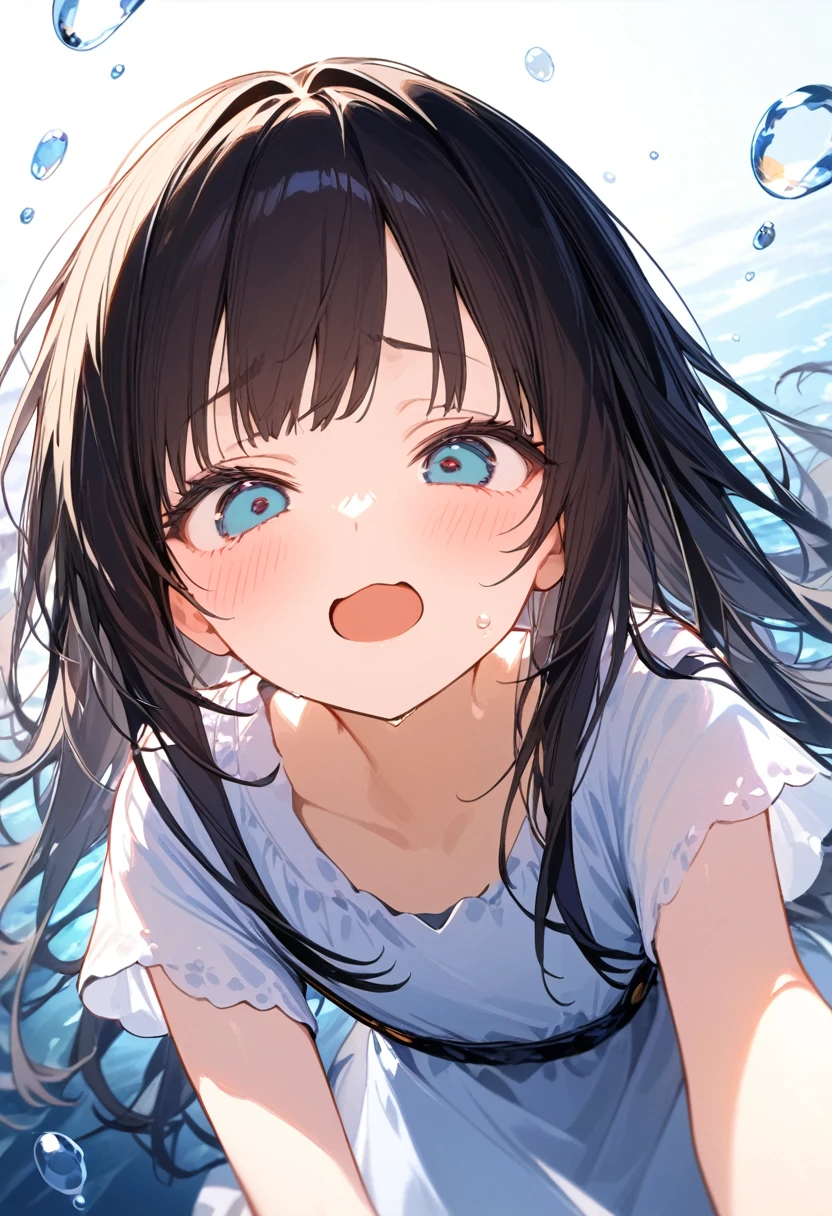 ((( black long hair))),masterpiece, best quality, extremely detailed, (illustration, official art:1.1), 1 girl ,((blush)) , cute face, big eyes, masterpiece, best quality,(((((a very delicate and beautiful girl))))),Amazing,beautiful detailed eyes,blunt bangs((long hair))),droopy eyes.(true beautiful:1.2), sense of depth,dynamic angle,,,, affectionate smile, (true beautiful:1.2),,(flat chest),amazing, beautiful detailed eyes, blunt bangs , (true beautiful: 1.2), best quality, 8K, Digital painting, 1 girl, solo, stand up, youth hair, accessories, round pupils, Emotionless expression,  tareme、droopy eyes 、teenager,  futuristic, Frightened expression, embarrassed, worried brow、****,(Young),Super detailed, 8K, glass, Water in a glass, Glass Crystals, bubble, Right blue water, nice, bright、Splash