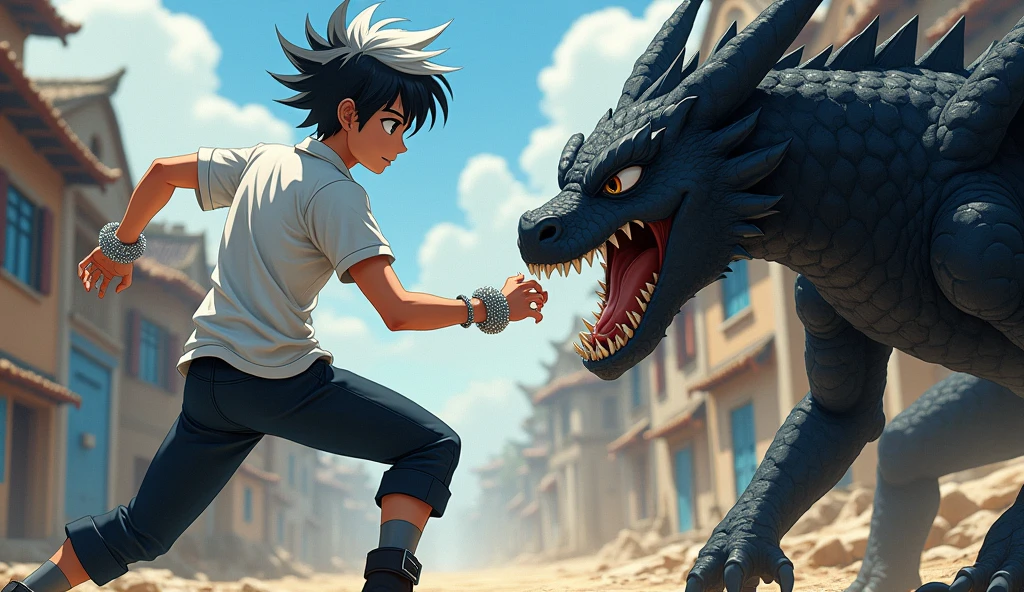 Make me a boy of male gender, he has black hair and white streaks, he is not that big, make him in a fighting pose and on the side a slime animal, the image is anime, the slime animal is scary 