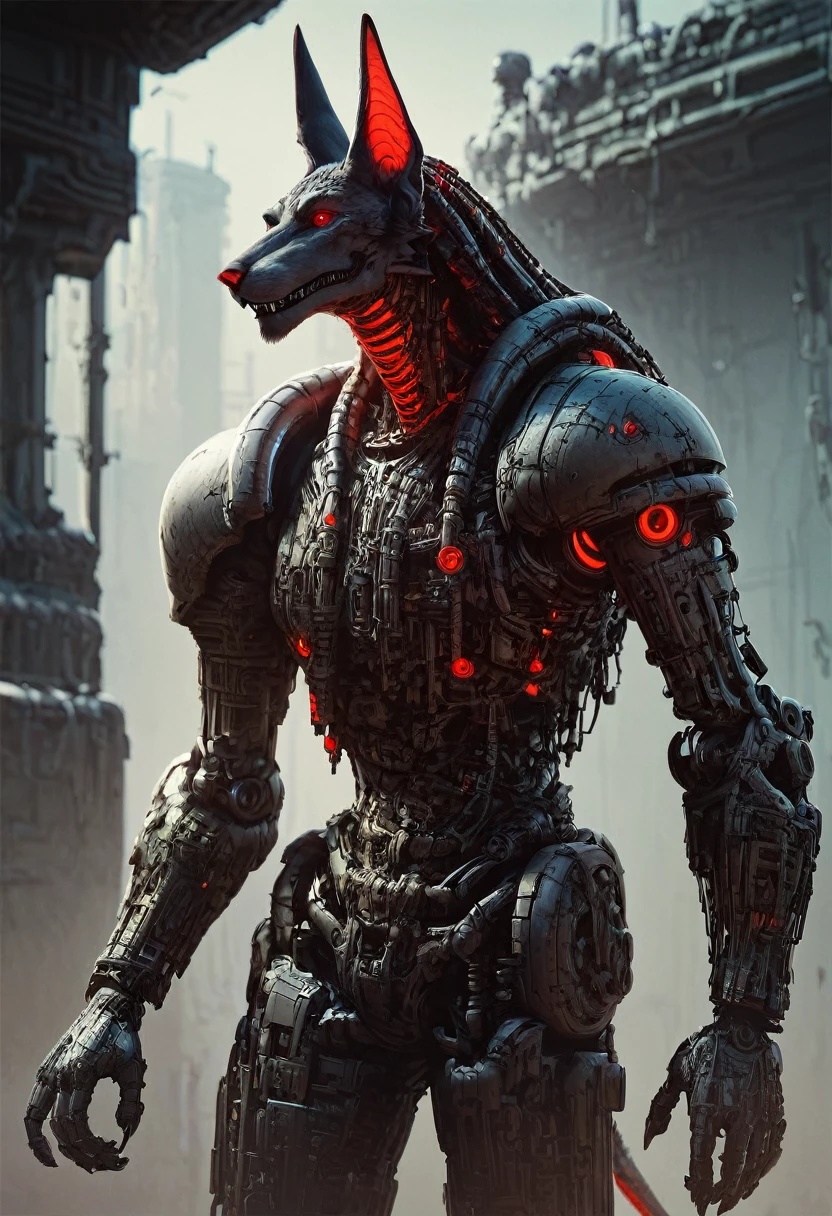 gigerworld, anthro jackal, heavy armor, bulky, warrior, demonic, red glowing eyes, robotic joints, robotic parts, mechanization, fur mantle on shoulders, score_9, score_8_up, score_7_up, score_6_up, score_5_up, score_4_up,