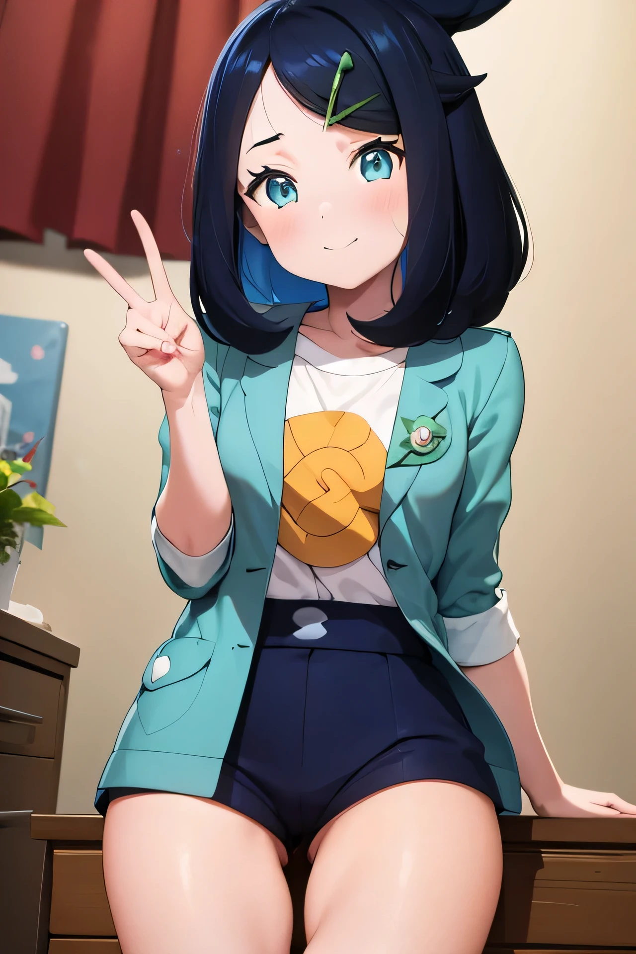 (8K, best quality:1.2), (masterpiece:1.20), (photo, photorealistic:1.20), (ultrahigh-res), (Red eye color), (Very Smug facial expression), ((Pose: Cat-like hand gesture)), ((Beautiful red eye color)), (((Change her eye color to red))), Liko from the pokemon Horizons anime, Liko, Liko standing up, Hair: Liko's hair is cut short, ending just above her shoulders, giving her a youthful and playful look. Her hair is predominantly dark navy blue with vibrant turquoise highlights, which are especially noticeable along the tips and in her fringe. Her fringe is pointed and sharp, with a unique section of hair on the left side of her face curling upwards in a soft swoop. She also has two locks of hair on each side of her head that curve outward, adding more personality to her appearance.
Eyes: Liko has large, round, and expressive eyes. They are a red color, giving her a bright, energetic, and curious look. Her eyes are framed by long lashes, adding to her youthful charm.
Face Shape: She has a heart-shaped face, with soft features and a small, slightly pointed chin. Her nose is small and subtly defined. Her complexion is fair, with a healthy glow that complements her overall appearance.
Clothing: Jacket: Liko wears an open, teal-green jacket with rolled-up sleeves, which is slightly oversized and gives her a casual, adventurous vibe. The jacket has a blue star-shaped symbol pinned on the left lapel. On her right jacket sleeve, there’s a small round design resembling a Poké Ball.
Shirt: Underneath the jacket, she wears a simple white shirt. The shirt itself is plain and unembellished.
Shorts: Liko's navy blue shorts are a practical choice, allowing for mobility and comfort during her Pokémon adventures. The shorts are mid-thigh length, simple in design without extra detailing, contributing to her no-nonsense, adventure-ready look.