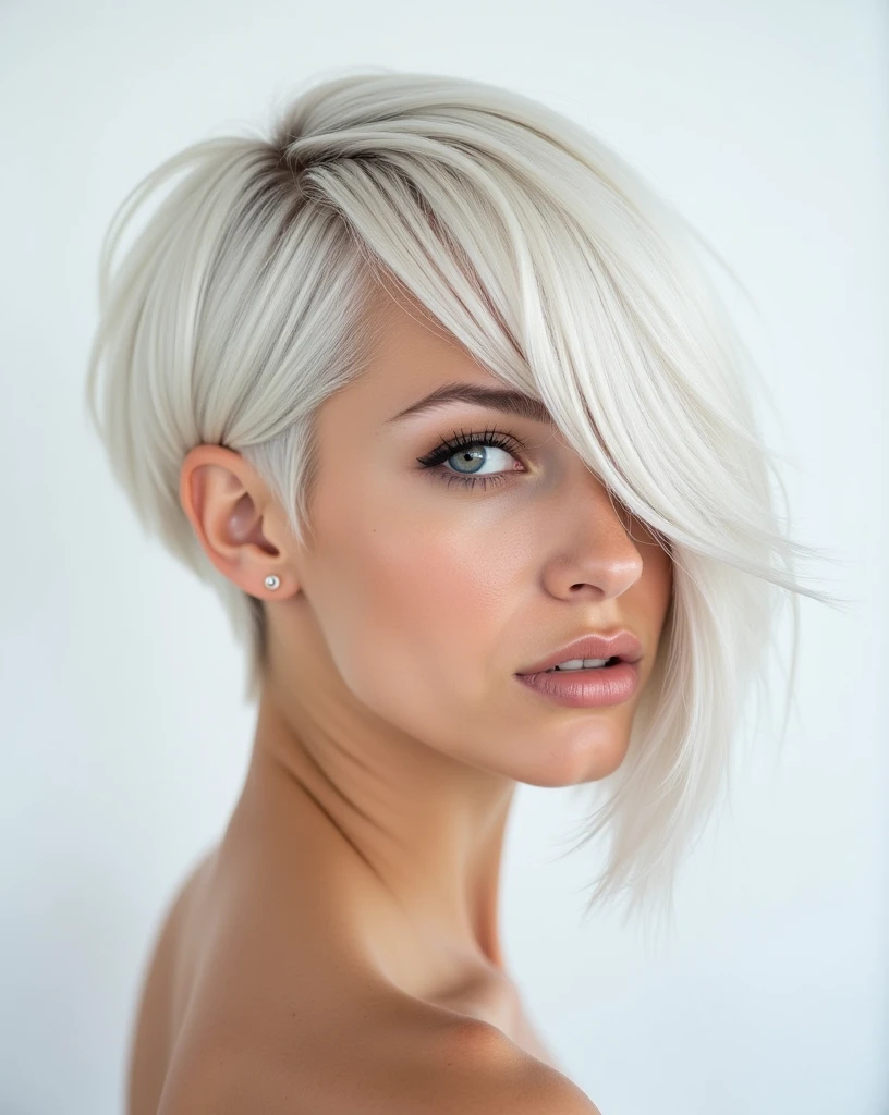 Close-up portrait of a young woman with a striking asymmetrical haircut:

Style: Dramatically asymmetrical bob
Length: Very short pixie cut on the left side, gradually transitioning to shoulder-length on the right side
Left side: Closely cropped, almost buzzed, revealing the scalp
Right side: Longer strands falling just past the shoulder, textured and piece-y
Top: Longer layers swept dramatically to the right, creating a bold, sweeping fringe
Color: Uniform platinum blonde throughout, cool-toned and highly reflective
Texture: Sleek and straight, with a glass-like shine
Styling: Hair styled to emphasize the contrast between the short and long sides
Part: Deep side part on the left, accentuating the asymmetry
View: Three-quarter angle, clearly showcasing the dramatic difference between sides
Expression: Confident and edgy, with a slight smirk
Makeup: Minimalist, focusing on glowing skin and subtle eye emphasis
Lighting: High-key lighting to accentuate the platinum color and the cut's sharp lines
Background: Clean, white studio background

Image style: High-fashion editorial, ultra-sharp focus, hyper-realistic detail