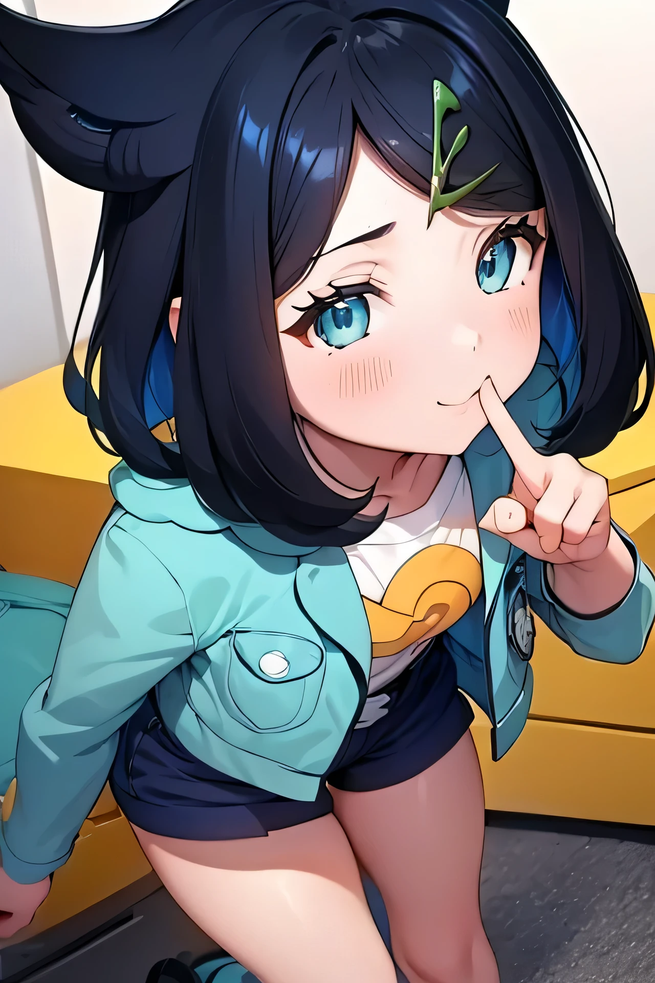 (8K, best quality:1.2), (masterpiece:1.20), (photo, photorealistic:1.20), (ultrahigh-res), (Red eye color), (Very Smug facial expression), ((Pose: Cat-like hand gesture)), ((Beautiful red eye color)), (((Change her eye color to red))), Liko from the pokemon Horizons anime, Liko, Liko standing up, Hair: Liko's hair is cut short, ending just above her shoulders, giving her a youthful and playful look. Her hair is predominantly dark navy blue with vibrant turquoise highlights, which are especially noticeable along the tips and in her fringe. Her fringe is pointed and sharp, with a unique section of hair on the left side of her face curling upwards in a soft swoop. She also has two locks of hair on each side of her head that curve outward, adding more personality to her appearance.
Eyes: Liko has large, round, and expressive eyes. They are a red color, giving her a bright, energetic, and curious look. Her eyes are framed by long lashes, adding to her youthful charm.
Face Shape: She has a heart-shaped face, with soft features and a small, slightly pointed chin. Her nose is small and subtly defined. Her complexion is fair, with a healthy glow that complements her overall appearance.
Clothing: Jacket: Liko wears an open, teal-green jacket with rolled-up sleeves, which is slightly oversized and gives her a casual, adventurous vibe. The jacket has a blue star-shaped symbol pinned on the left lapel. On her right jacket sleeve, there’s a small round design resembling a Poké Ball.
Shirt: Underneath the jacket, she wears a simple white shirt. The shirt itself is plain and unembellished.
Shorts: Liko's navy blue shorts are a practical choice, allowing for mobility and comfort during her Pokémon adventures. The shorts are mid-thigh length, simple in design without extra detailing, contributing to her no-nonsense, adventure-ready look.
