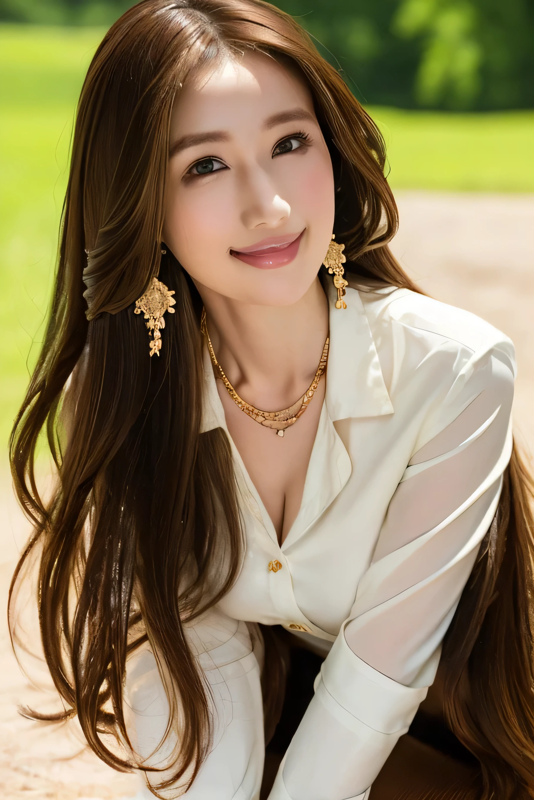 One Girl, beautiful girl with high breasts、Innocent Girl、((masterpiece)), (( very detailed faces )), Best Quality, Surreal, High Resolution , Intricate details,(Beautiful Delicate Eyes and Lips ), (Best Shadow. so delicate and beautiful .), Beautiful white skin, smile, Open your mouth , Messy Hair Goodley, Cowboy Shots .((shy smile:1.5))((gold necklace_Large earrings:1.2)),white long sleeve button up blouse_brown pleated mini skirt,((Super long brown hair reaching to her knees:1.4)),