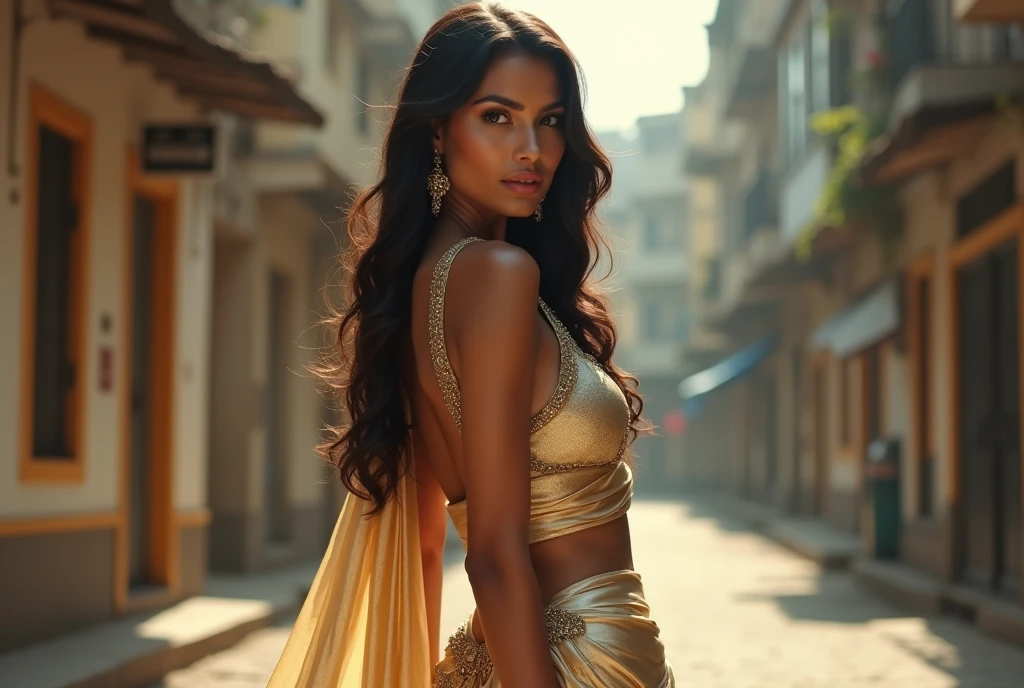 beautiful mexican ?????????? in short dress, slim, provocative look, bottom: background moon, Activity: touching, image quality: 8k, aspect ratio: 9:16, Emotional state: satisfaction, energy: high, Size: medium, Structure: Structuredo, camera angle: foreground, Camera angle position: view from above, Lens settings: Telephoto lens, type of light: golden hour, Creative photography: Kodachrome