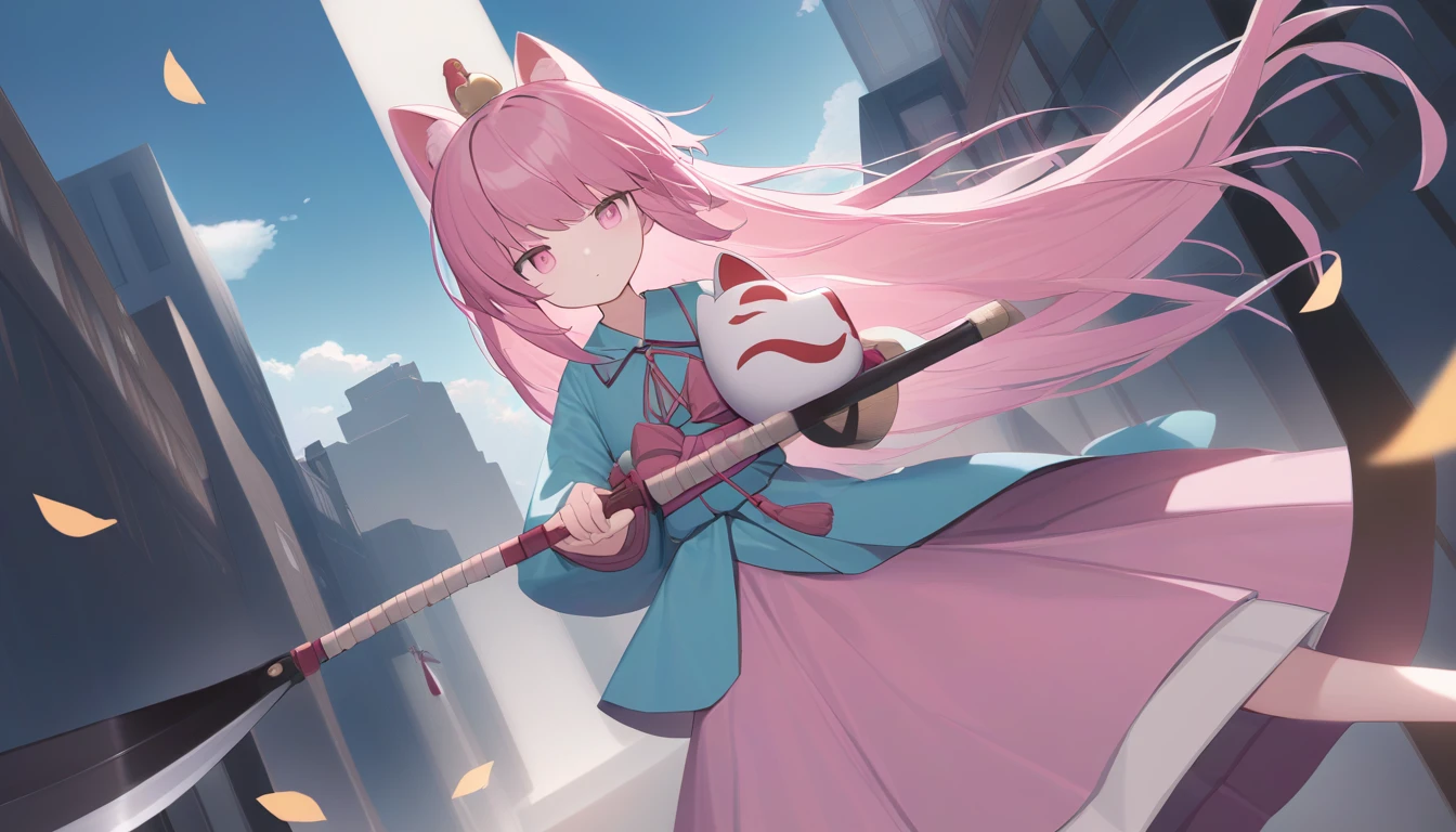 　  I'm carrying very long pink hair and a large round bulging pink skirt of Naginata  、　 Pink Eyes 　Turquoise clothes 、   　girl、 light blue naginata seen from the top right  、expressionless、   holding a naginata with a fox mask on the right side of my head　 nothing grows on my head  　View from top right 