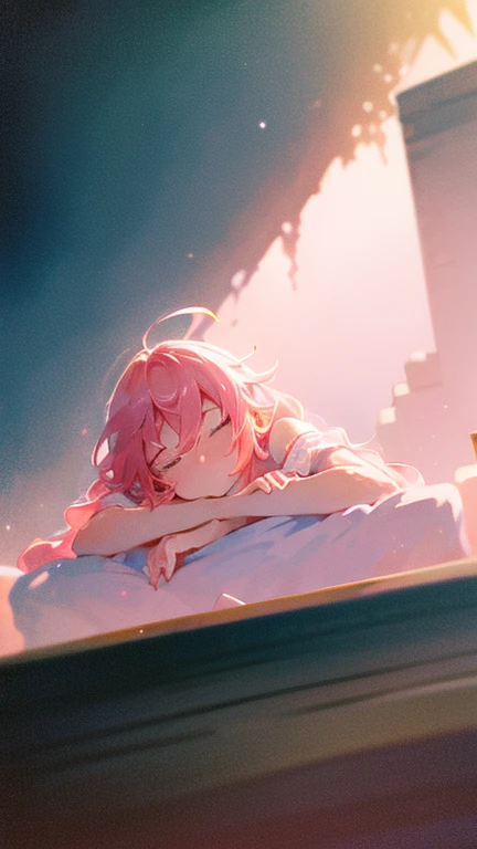 masterpiece,  best quality, Super detailed, figure,( 1 girl), close, (Bust Emphasis), ( arms crossed behind :1.2), (the above:1.1),  Pink Hair, (Off the shoulder:1.1),  underwear,  on the bed ,  eyes closed , Nose blush, lying  on the bed , Ahegao, background, Light and Shadow, illumination,