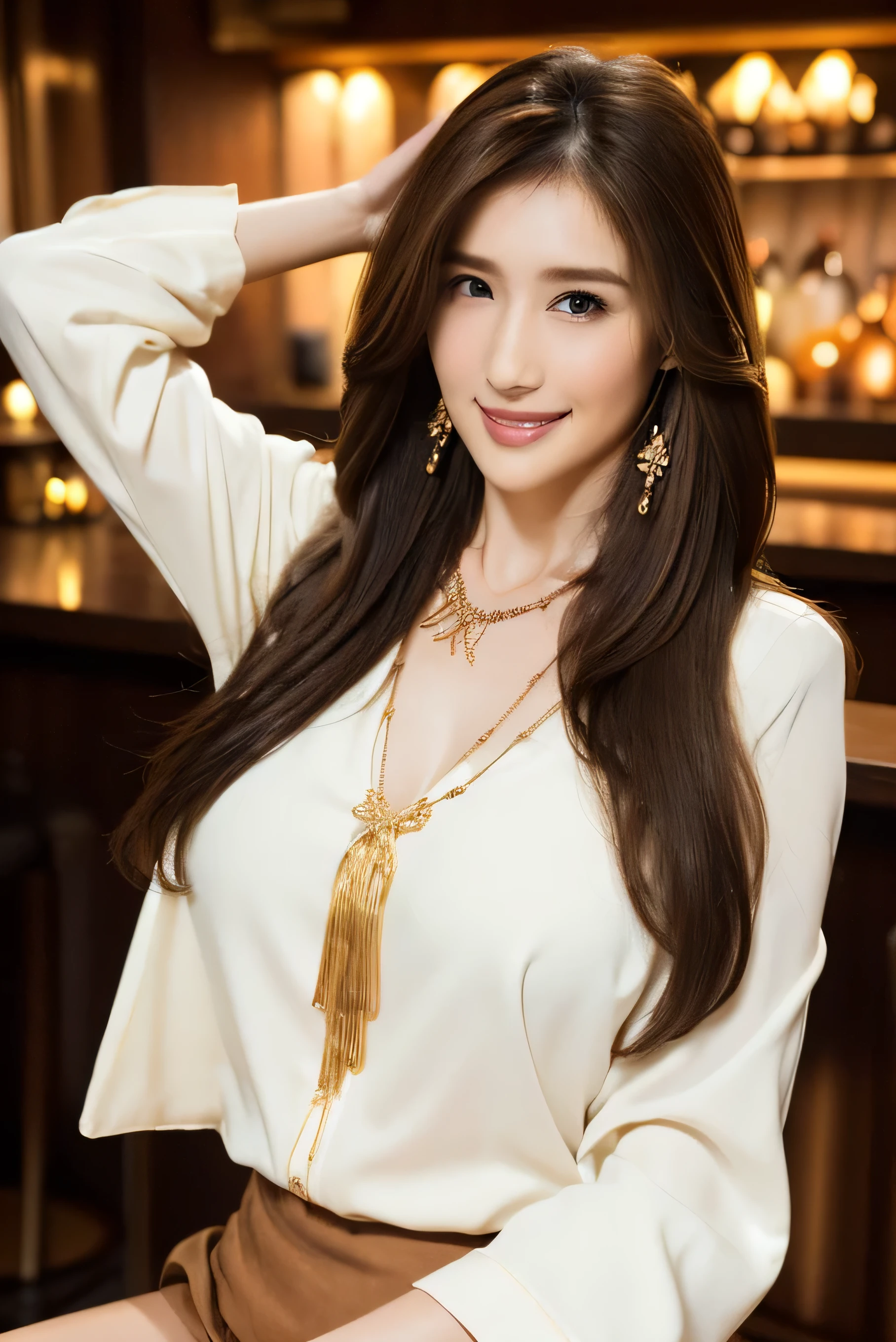 One Girl, beautiful girl with high breasts、Innocent Girl、((masterpiece)), (( very detailed faces )), Best Quality, Surreal, High Resolution , Intricate details,(Beautiful Delicate Eyes and Lips ), (Best Shadow. so delicate and beautiful .), Beautiful white skin, smile, Open your mouth , Messy Hair Goodley, Cowboy Shots .((masterpiece)), (( very detailed faces )), Best Quality, Surreal, High Resolution , Intricate details,(Beautiful Delicate Eyes and Lips ), (Best Shadow. so delicate and beautiful .), Beautiful white skin, smile, Open your mouth , Messy Hair Goodley, Cowboy Shots .((shy smile:1.5))((gold necklace_Large earrings:1.2)),white long sleeve button up blouse_brown pleated mini skirt,((Super long brown hair reaching to her knees:1.4)),((Place your left hand gently on your chin:1.5))((Sits on a bar chair by the counter in a stylish bar:1.5))((high heels:1.5))((((arms up:1.3)),))((full body portrait:1.4))((full figure supermodel standing, entire body in frame:1.4)