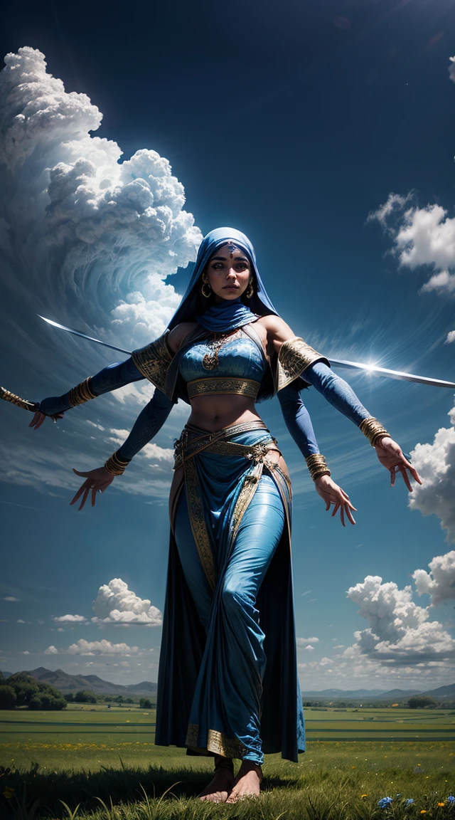 arab woman, blue skin, she has four arms, indian woman, dancer robes, swords, field, clouds 