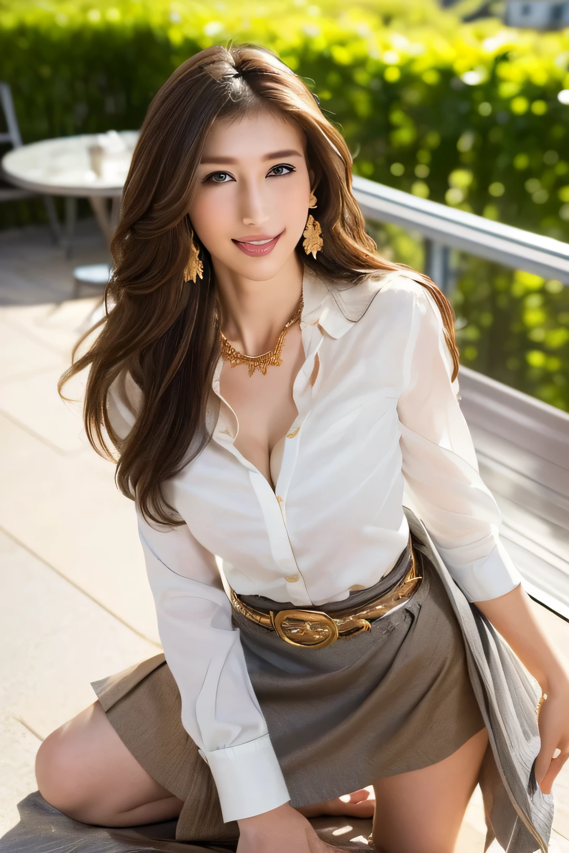 One Girl, beautiful girl with high breasts、Innocent Girl、((masterpiece)), (( very detailed faces )), Best Quality, Surreal, High Resolution , Intricate details,(Beautiful Delicate Eyes and Lips ), (Best Shadow. so delicate and beautiful .), beautiful white skin, smile, Open your mouth , Messy Hair Goodley, cowboy shot that makes me dream violently.((masterpiece)), (( very detailed faces )), Best Quality, Surreal, High Resolution , Intricate details,(Beautiful Delicate Eyes and Lips ), (Best Shadow. so delicate and beautiful .), beautiful white skin, smile, Open your mouth , Messy Hair Goodley, cowboy shot that makes me dream violently.((shy smile:1.5))((gold necklace_Large earrings:1.2)),((White shirt、a belt、a grey skirt:1.5)),((Super long brown hair reaching to her knees:1.4)),((Place your left hand gently on your chin:1.5))()((high heels:1.5))(((full body portrait:1.4))((full figure supermodel standing, entire body in frame:1.4)((On the open terrace of the cafe, blurred background:1.3)),((kneeling down:1.3)),