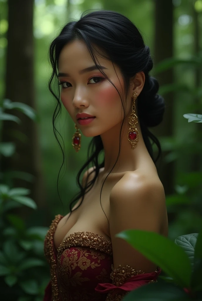 ((Realistic:1.5)),Ulzzang-6500:0.7，((Best quality)), ((Masterpiece)),((Detailed)),2girls,duo,{2 beautiful women}, (Upper body:1.3),Hug and touch each other, Tease your friend's waist, Breathless friends, Biting a friend's earlobe, crouched,super wide shot,Face focus, Long legs,Curvy, Barefoot,Wide hips, Thin legs, Oversized eyes,Long eyelashes, (Detailed face,beautidful eyes, detailedpupils,detailed clothes features, Clear background:1.3), (armlets, bangle:1.3), Mysterious ancient ruins, floresta exuberante, Deep canyon,bridge,River,cliff,Cloud,lakes,Rock music,Waterfalls, Flowers, Grass,grape trees,tree,bright detail,Sharp,Perfect compounding, Intricate, Sharp focus, Dramatic,