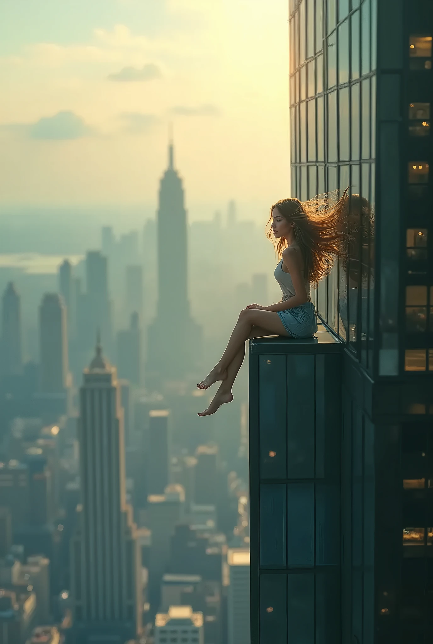 The evening sky is adorned with a young woman of Thai and Chinese descent, her long, beautiful blonde hair exuding charm. She floats high above the city with a posture full of energy, one arm extended forward while the other stretches back, poised for action in mid- air. She wears a simple yet elegant white slip dress that emphasizes her beauty and purity. Her magnificent white wings, symbolizing ethereal beauty, spread wide above her worldly form. Her expression reveals determination and focus, driven by unseen goals or aspirations for the future.\n\nThe color palette is warm, with golden tones surrounding her attire contrasting against the cooler hues of the city below. This creates a captivating effect, drawing the viewer's gaze towards her figure. The atmosphere is grand and expansive, evoking a sense of adventure and risk due to her elevated position in the sky. Buildings obscured by light mist fade beneath her, hinting at a vast urban landscape. The perspective is slightly above and behind her, looking down towards the distant streets below.
