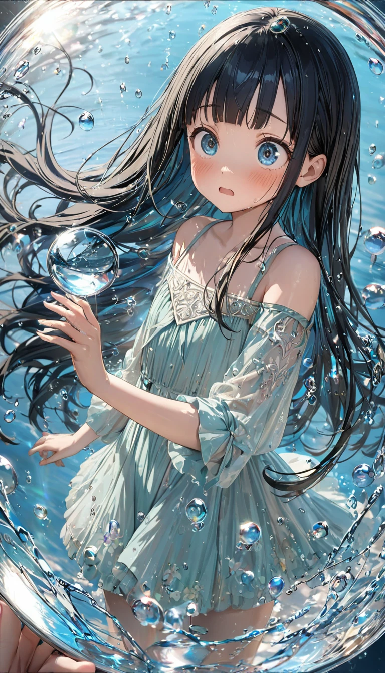 ((( black long hair))),masterpiece, best quality, extremely detailed, (illustration, official art:1.1), 1 girl ,((blush)) , cute face, big eyes, masterpiece, best quality,(((((a very delicate and beautiful girl))))),Amazing,beautiful detailed eyes,blunt bangs((long hair))),droopy eyes.(true beautiful:1.2), sense of depth,dynamic angle,,,, (true beautiful:1.2),,(flat chest),amazing, beautiful detailed eyes, blunt bangs , (true beautiful: 1.2), best quality, 8K, Digital painting, 1 girl, solo, stand up, youth hair, accessories, round pupils, Emotionless expression,  tareme、droopy eyes 、teenager,  futuristic, Frightened expression, embarrassed, ****,(Young),Super detailed, 8K, glass, Water in a glass, Glass Crystals, bubble, Right blue water, nice, bright、Splash,Super detailed, 8k, Angelic, glass, Water in a glass, Flowers in a glass, bubble, Right Blue Water, nice, bright,Girl in glass,Mini Girl,Refraction of Light,Reflection of light,Dynamic Angle, Hold your hand