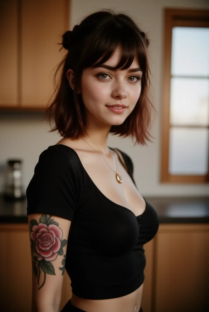 This is a high-resolution photograph of a young woman named maia in her early twenties, standing indoors. She has a fair skin tone with a light dusting of freckles across her cheeks and nose. Her hair is styled in a messy, half-up, half-down manner, with loose strands framing her face. She has striking blue-green eyes and full lips with a natural, neutral makeup look. 

She is wearing a black, short-sleeved, fitted top that has a slight sheen, and a gold necklace with a circular pendant that rests just above her collarbone. On her left arm, she has a prominent tattoo of a large rose with detailed petals and thorns, extending from her shoulder to her elbow. 

The background is softly blurred, suggesting a shallow depth of field, and appears to be a modern, cozy kitchen with wooden cabinets and a wooden door with frosted glass panes. The lighting is warm and natural, likely from a window to the right, casting gentle shadows that enhance the texture of her skin and the fabric of her clothing. The overall atmosphere is intimate and candid, capturing a moment of relaxed poise and self-assured confidence.