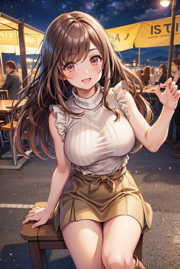  1 girl, solo,  High Resolution , Long Hair, ((Large Breasts)), smile,  brown eyes , Brown Hair, In the streets of Italy,  High Resolution , masterpiece, accurate,  full body standing picture depicting an anatomically correct , 最high quality,  detail, 高い detail,  high definition models, high quality,  very detailed,  textured skin,  ultra-fine, White knit sweater,  brown mini skirt ,  long boots for stepping on bread,  sit on a chair,  opens her mouth, Cooking on the desk, Emphasize the upper body, Italian restaurant, night,Terrace seats, Starry Sky, White underwear,