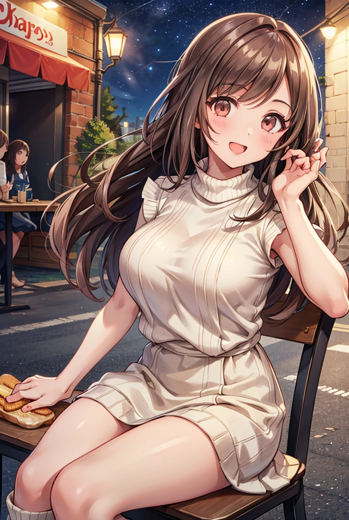  1 girl, solo,  High Resolution , Long Hair, ((Large Breasts)), smile,  brown eyes , Brown Hair, In the streets of Italy,  High Resolution , masterpiece, accurate,  full body standing picture depicting an anatomically correct , 最high quality,  detail, 高い detail,  high definition models, high quality,  very detailed,  textured skin,  ultra-fine, White knit sweater,  brown mini skirt ,  long boots for stepping on bread,  sit on a chair,  opens her mouth, Cooking on the desk, Emphasize the upper body, Italian restaurant, night,Terrace seats, Starry Sky, White underwear,