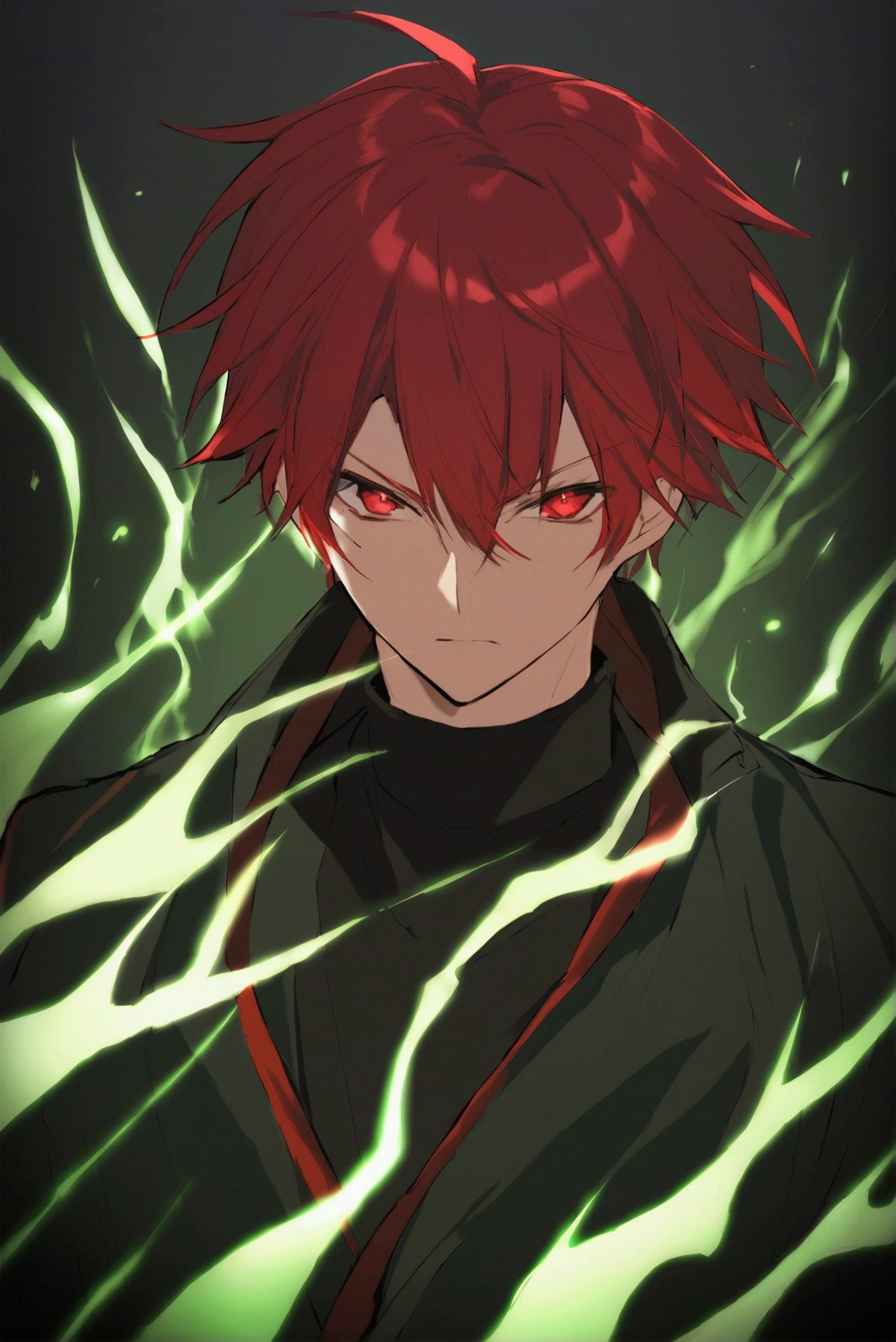 One person、male、 Final Fantasy、Cool、Red Hair、Green Hair、Red eyes、male、Eyes glow red、Fighting aura