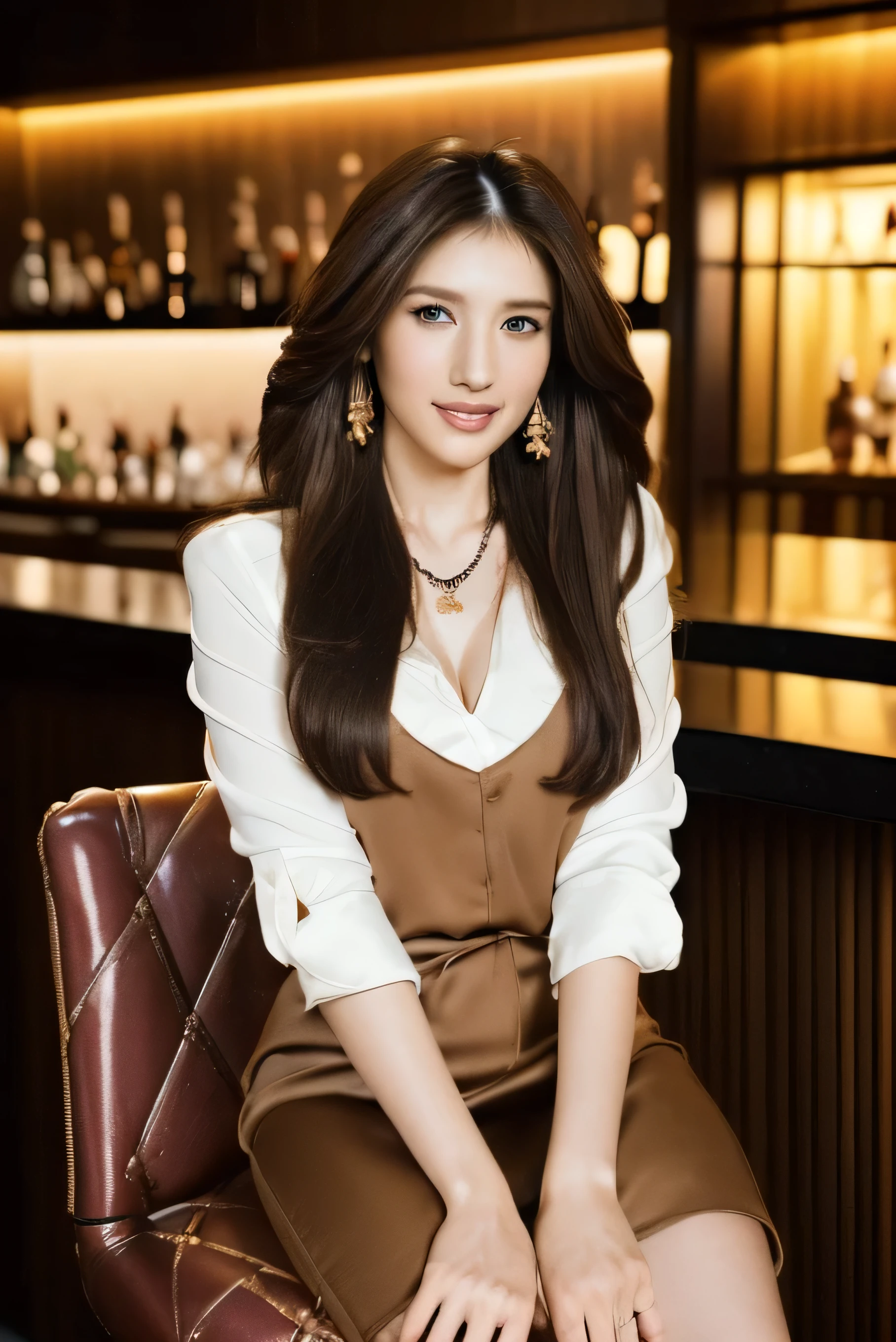 One Girl, beautiful girl with high breasts、Innocent Girl、((masterpiece)), (( very detailed faces )), Best Quality, Surreal, High Resolution , intricate details,(Beautiful Delicate Eyes and Lips ), (Best Shadow. very delicate and beautiful .), beautiful white skin, smile, Open your mouth , Messy Hair Goodley, cowboy shot.((masterpiece)), (( very detailed faces )), Best Quality, Surreal, High Resolution , intricate details,(Beautiful Delicate Eyes and Lips ), (Best Shadow. very delicate and beautiful .), beautiful white skin, smile, Open your mouth , Messy Hair Goodley, cowboy shot.((shy smile:1.5))((gold necklace_Large earrings:1.2)),((Super long brown hair reaching to her knees:1.4)),((Place your left hand gently on your chin:1.5))(high heels:1.5))(((full body portrait:1.4))((full figure supermodel standing, entire body in frame:1.4)(((Sits on a bar chair by the counter in a stylish bar:1.5))(Office Lady,Black Office Blazer,luxurious silk blouse:1.5)