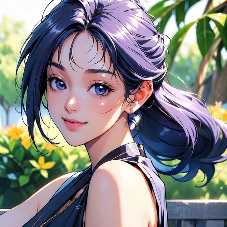 highest quality、Realistic、Night Sky、full moon、moonlight、cherry blossoms、Pool、adult woman、Japanese Zoom、look up、cute、Purple eyes、Black Hair、ponytail、Swimsuit、Face close-up、slender