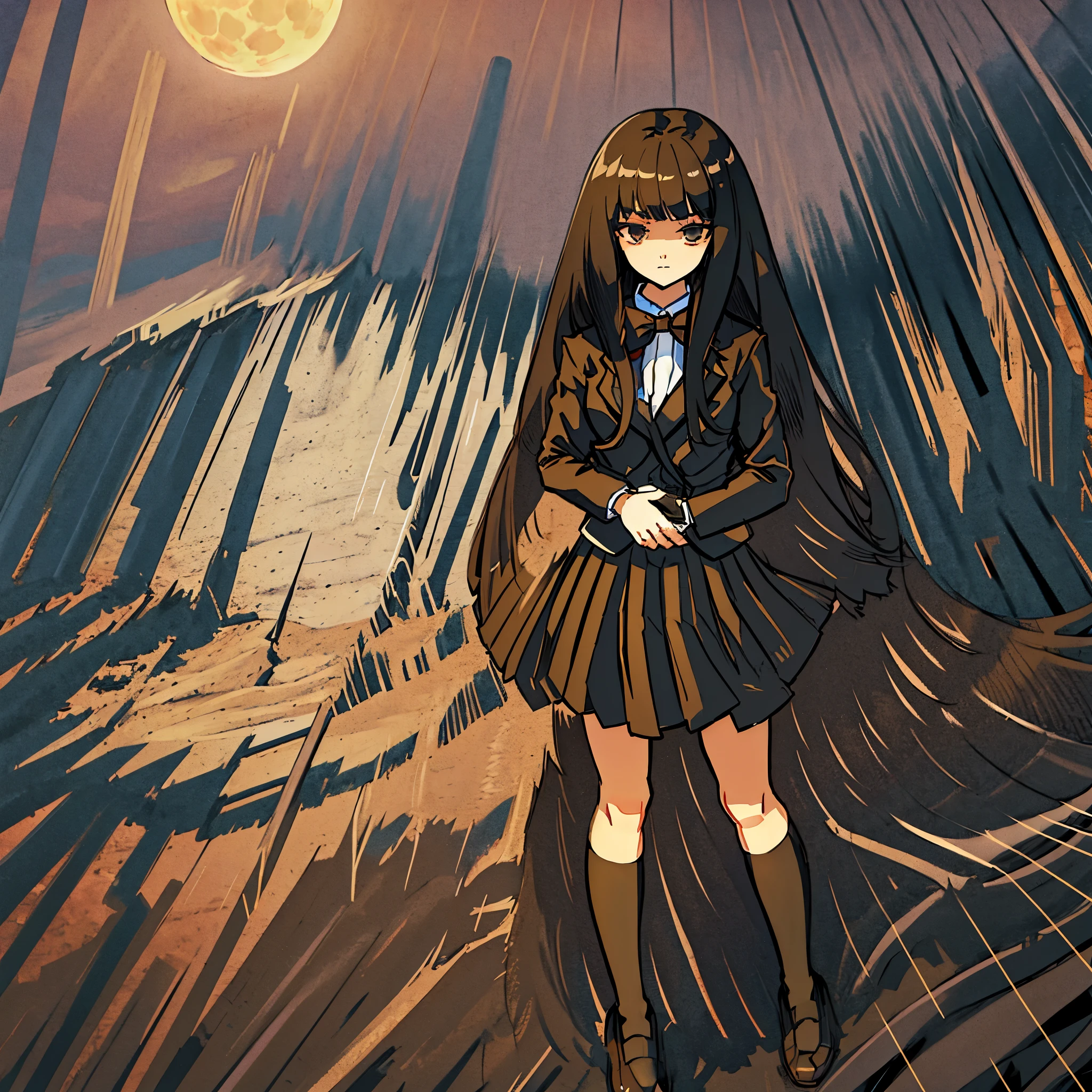 Beautiful girl with gorgeous long black hair and dark eyes, wearing a brown blazer and winter uniform with a ribbon, looking at the viewer with a stern expression on a moonlit night, pain details, surreal, Photorealistic, masterpiece, intricate details, dramatic atmosphere, intense gaze, full eyelashes, black penny loafers, black stockings, black skirt,