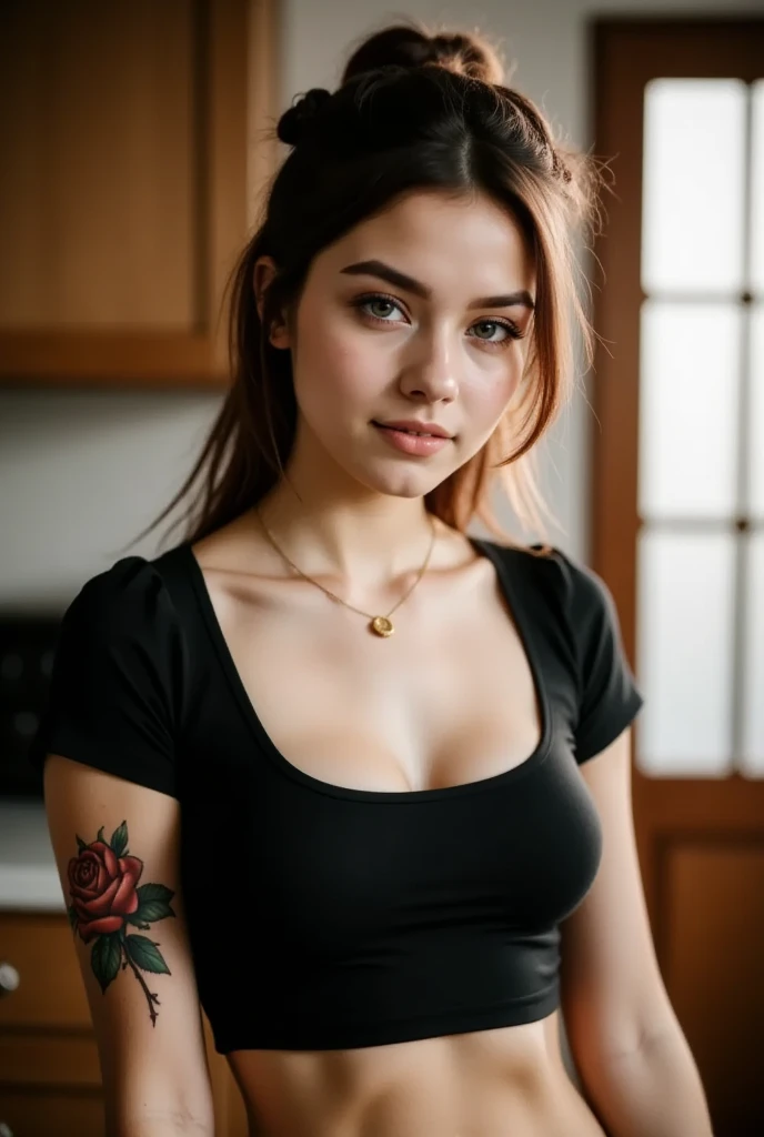 This is a high-resolution photograph of a young woman named maia in her early twenties, standing indoors. She has a fair skin tone with a light dusting of freckles across her cheeks and nose. Her hair is styled in a messy, half-up, half-down manner, with loose strands framing her face. She has striking blue-green eyes and full lips with a natural, neutral makeup look. 

She is wearing a black, short-sleeved, fitted top that has a slight sheen, and a gold necklace with a circular pendant that rests just above her collarbone. On her left arm, she has a prominent tattoo of a large rose with detailed petals and thorns, extending from her shoulder to her elbow. 

The background is softly blurred, suggesting a shallow depth of field, and appears to be a modern, cozy kitchen with wooden cabinets and a wooden door with frosted glass panes. The lighting is warm and natural, likely from a window to the right, casting gentle shadows that enhance the texture of her skin and the fabric of her clothing. The overall atmosphere is intimate and candid, capturing a moment of relaxed poise and self-assured confidence.