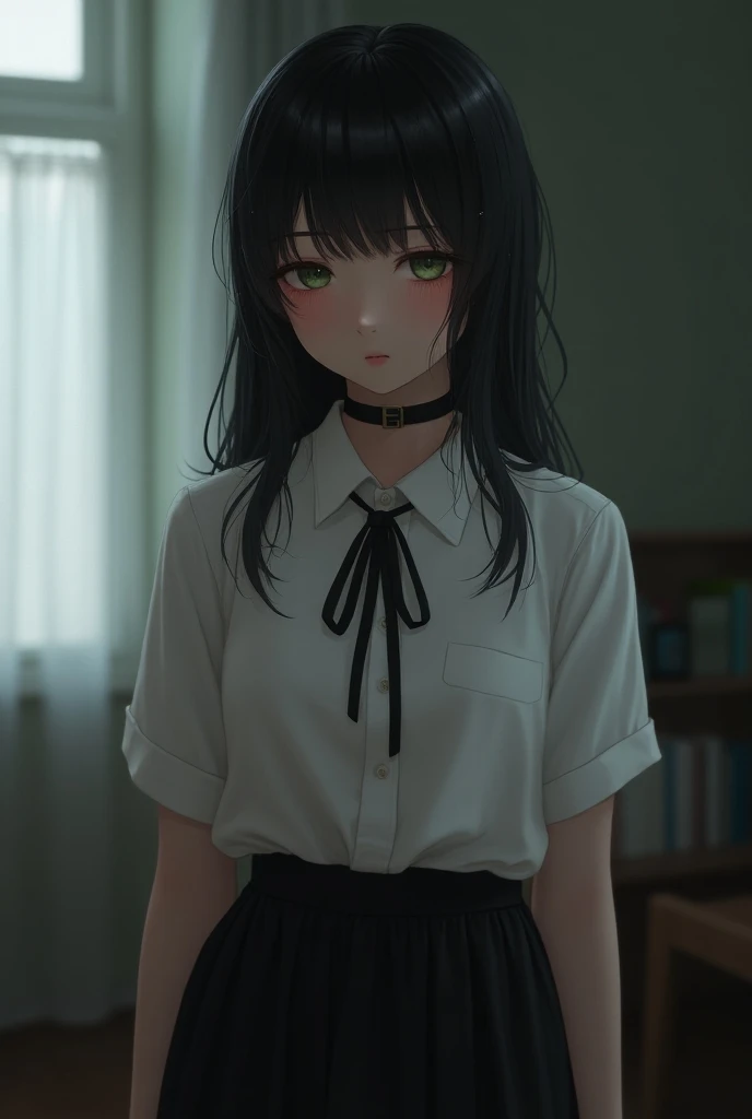 Gender:Femboy, oversized shirt,only in panties,black stockings, High quality, Masterpiece, thick thighs, bedroom background,random pose,short black skirt