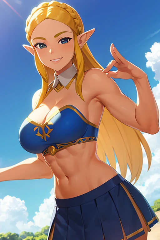 zelda\(princess\), 1girl, solo, large breasts, cleavage, seductive smile, pose, tied shirt, skirt, schoolgirl uniform, bare arms, skinny, young teen, , blonde hair, bare stomach, hot sunny summer day , sleeveless strapless, skimpy, Sexy Busty Voluptuous Buff Muscular athletic Smiling cheerful suntanned 