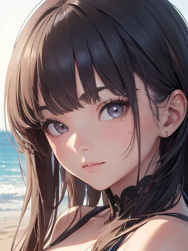 (A photo of upper body), Beautiful face, Highly detailed face and skin texture, (Detailed eyes), Brown eyes, Double eyelids, Thin eyebrows, Glitter eyeliner: 1.2, Natural cheeks, Shiny skin, Fair skin, (((with beach outfit))), (Shiny lips: 1. 4), (Seductive smile), (20 years old), (Wavy hair, Diagonal bangs), ((black and blue hair)), mid hair, ((Upper body shot)), ((Focus on chest and face)), Medium large breasts, Upturned breasts.