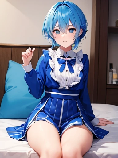 highest quality,very detailed,masterpiece,white shirt, pink mini skirt, frills, pink bow,flat chest, long hair, blue eyes, double bun, purple bow, blue hair, twin tails, hair between eyes, hair bow, eyebrows visible through hair,orgasm,topless,cum on chest,bare breasts,skirt lift,bottomless,pussy,