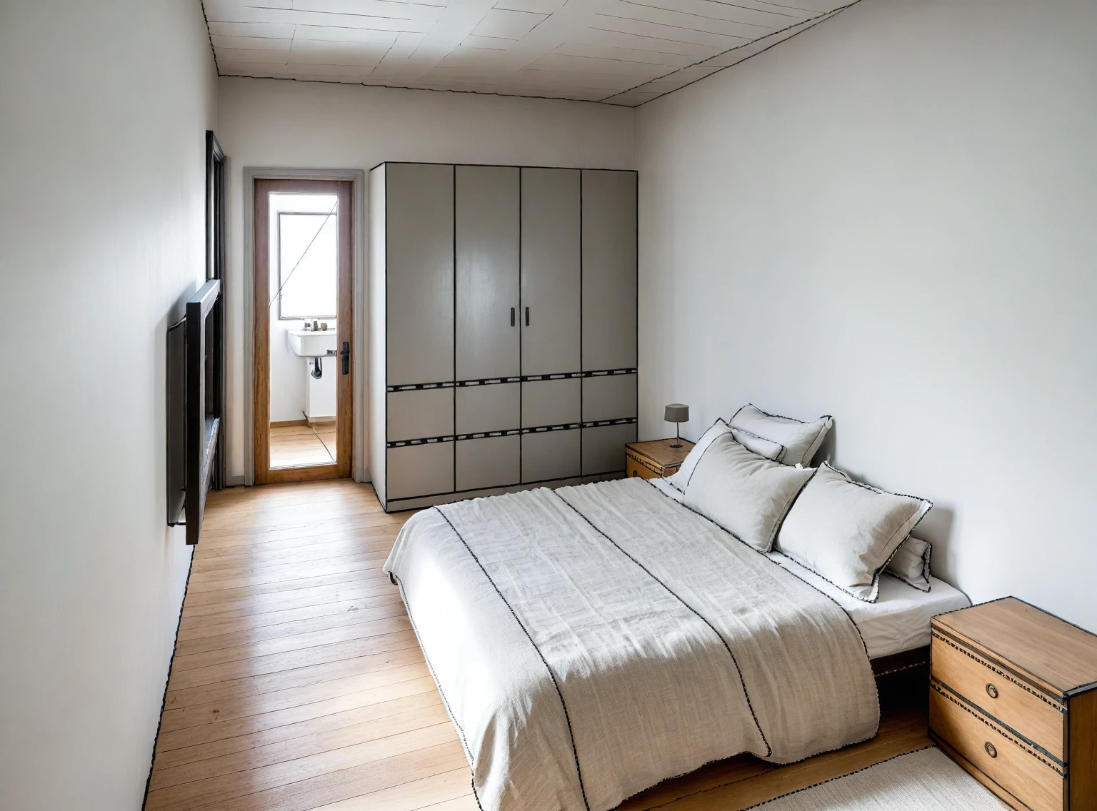 wabi-sabi bedroom interior, wabi-sabi interior style, design tends to be minimalist, calming and natural atmosphere, ((gray and white color scheme)), (( wood)), handmade textiles,natural fabrics, tab, lamp, wood floor, drapes,glass window, door, (((White plain ceiling : 3))) , wall, wardrobe,  wood cabinet, picture frames, antique furniture and decor items, cinematic