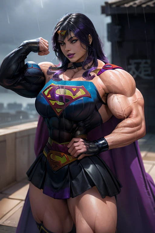 (((Close-up))), tall, (violet purple hair) beautiful muscular woman, long hair with long bangs, pale white skinned, closed smile, large breast, (black lipstick), (massive muscles), (hyper muscle), ((ginormous bulky muscles)), black eyes, (((violet supergirl suit))), (violet supergirl skirt), gauntlets, choker, boots, (in fortress of solitude)