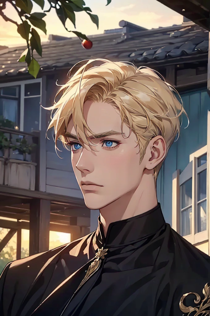 (( Masterpiece :1.2,   Best quality )), 4K, adult,  European Face , 1 person, man, ความเป็นadult, เพศman, beautiful, Very high, muscles, Broad shoulders, Dark Casual Dress , White skin,  Medium Blonde Hair , blue eyes, portrait, sunset,  Old House with Apple Trees. 
