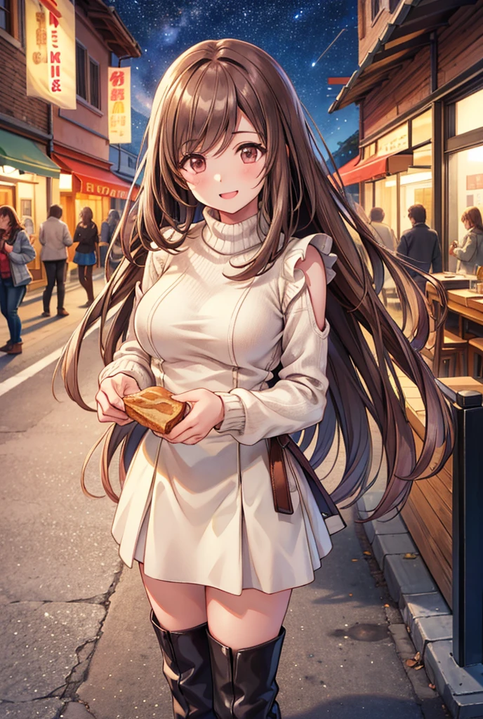  1 girl, solo,  High Resolution , Long Hair, ((Large Breasts)), smile,  brown eyes , Brown Hair, In the streets of Italy,  High Resolution , masterpiece, accurate,  full body standing picture depicting an anatomically correct , 最high quality,  detail, 高い detail,  high definition models, high quality,  very detailed,  textured skin,  ultra-fine, White knit sweater,  brown mini skirt ,  long boots for stepping on bread,  sit on a chair,  opens her mouth, Cooking on the desk, Emphasize the upper body, Italian restaurant, night,Terrace seats, Starry Sky, White underwear, autumn, Close your eyes,