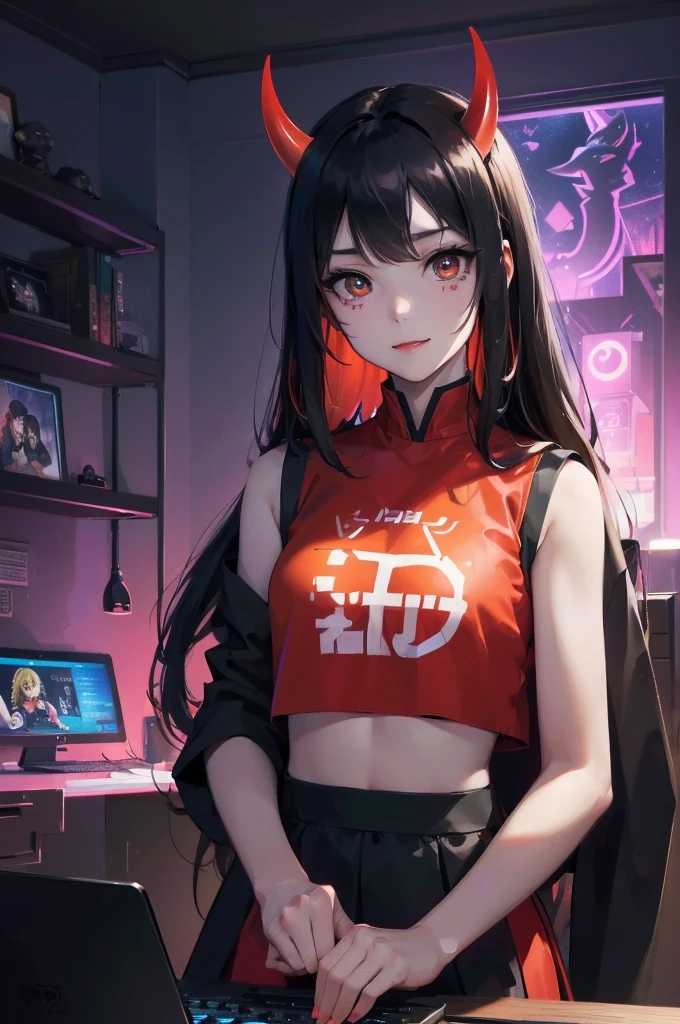 Optimal，masterpiece，High resolution，highest quality，Hyper HD，Very detailed，Award-winning，16k，alone，（Upper Body），Correct Anatomy，Beautiful Cyberpunk Girl，Upper Bodyの写真、Cute face，，Black Hair、Long Hair、Twin tails、Hairline，（（Scarlet Eyes）），Long eyelashes，Drooping eyelids，White skin，((Shoot from the front:1.5)), ((Tight black t-shirt:1.5)), ((Clock Top:1.5))、See-through、Rocket , (Large Breasts),