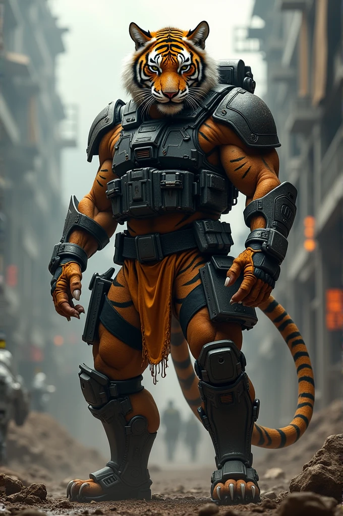 a muscular, shirtless mercenary warrior with bulging muscles and a stern, mature expression, standing in the middle of a city street, with blood covering his body, detailed blue eyes muscular tiger