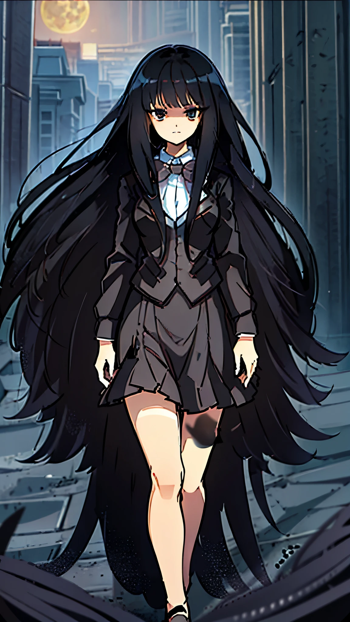 Beautiful girl with gorgeous long black hair and dark eyes, wearing a brown blazer and winter uniform with a ribbon, looking at the viewer with a stern expression on a moonlit night, highly detailed, pain, surreal, Photorealistic, masterpiece, intricate details, dramatic atmosphere, intense gaze, full eyelashes, black penny loafers, black stockings, black skirt,