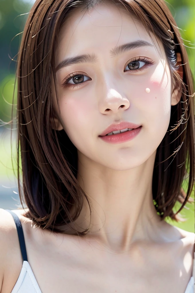 High quality photo taken by 、18-year-old girl、Independent、look forward to、Light eye makeup、Brown Hair Color、flat 、 Hair Fluttering in the Wind 、Quality of actress、Shiny, Ultra-realistic faces、smileの表情、Teary-eyed、 look up with the naked eye 、Pleasant lighting effects、  ultra-realistic capture 、 very detailed、 high resolution 16k human skin close-up。 skin texture must be natural 、It should be detailed enough to see the pores、The skin is healthy、There must be a unified tone、Use natural light and color、 High quality photo taken by a model agency &#39;Exclusive photographer、smile
