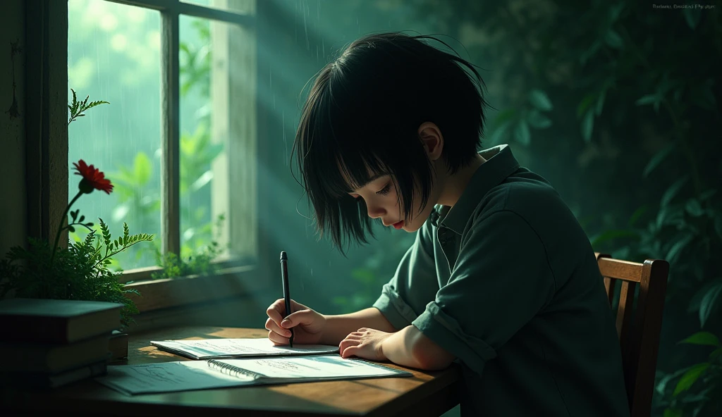 A student write a latter alone sad moment cinematic green picture ...