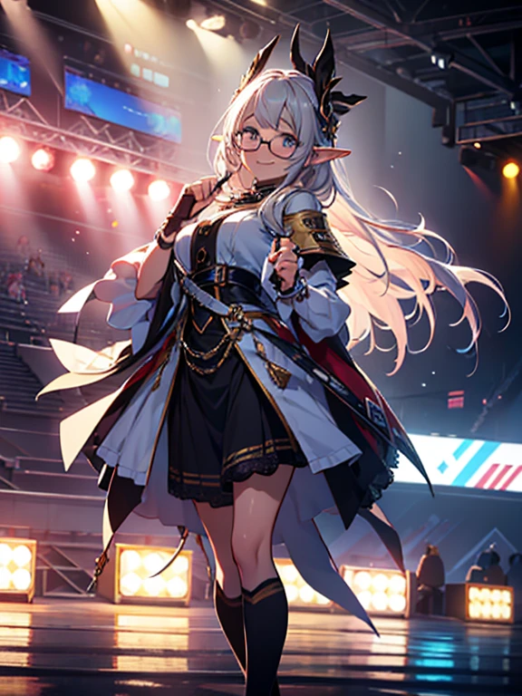 (Highest quality、 8k 、masterpiece、High resolution),(Elf、Glasses、Beautiful silver hair：1.２),Full Body Shot、 girl、Idol、Mascot Girl、Cute smile、Pretty lips、Light Hair Color、Long Bob、Adorable eyes、Dancing with a smile、Outdoor Stage、AKB48 Costumes、Realistic、Vibrant colors、Official Art、Detailed CG、Professional Lighting、Professional photographer、