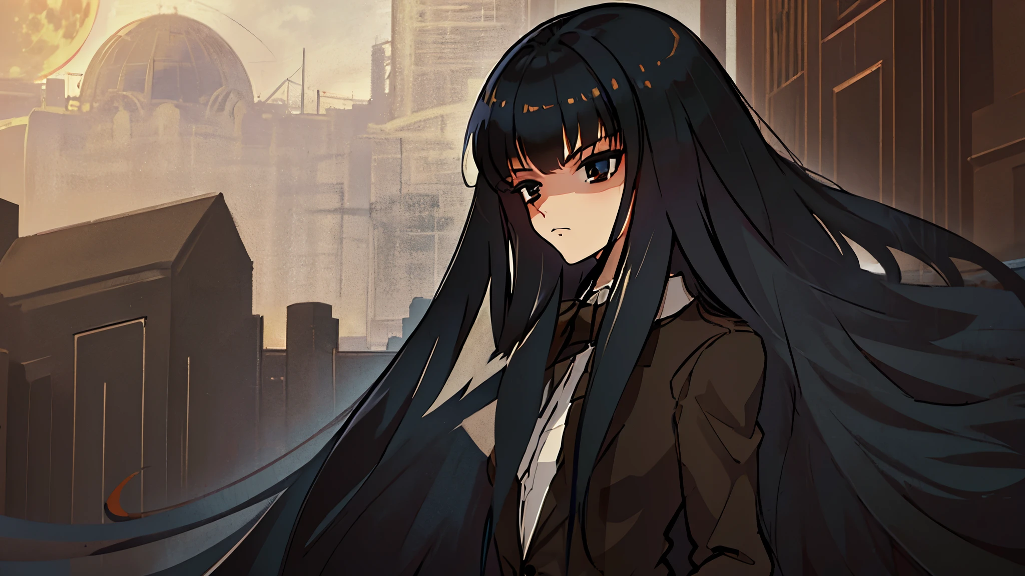 Beautiful girl with gorgeous long black hair and dark eyes, wearing a brown blazer and winter uniform with a ribbon, looking at the viewer with a stern expression on a moonlit night, highly detailed, pain, surreal, Photorealistic, masterpiece, intricate details, dramatic atmosphere, intense gaze,  full eyelashes, black penny loafers, black stockings, black skirt,