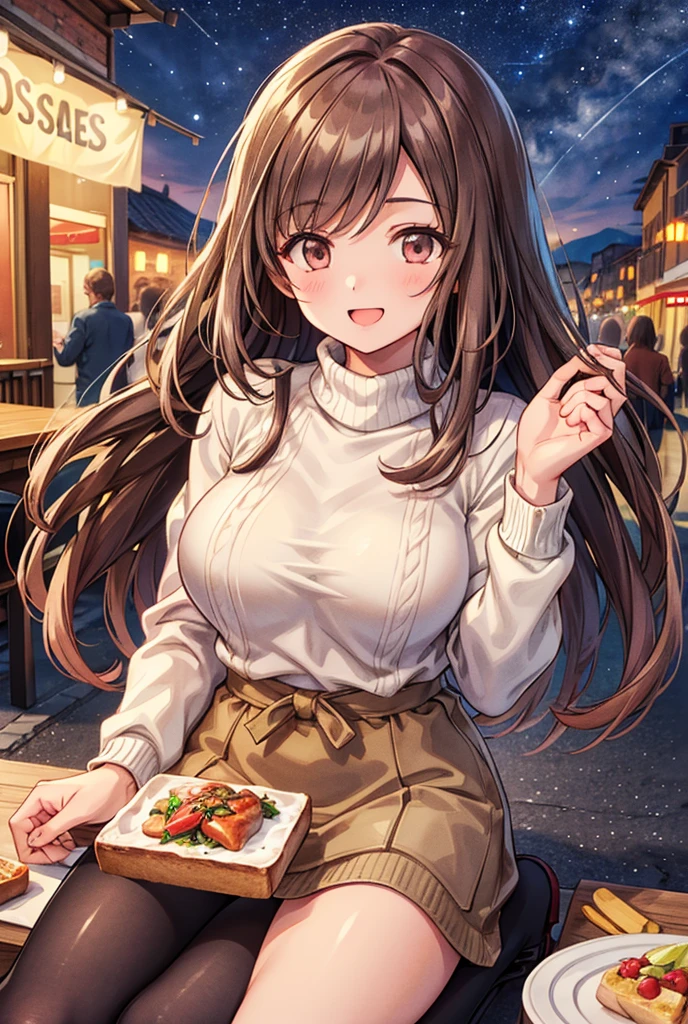  1 girl, solo,  High Resolution , Long Hair, ((Large Breasts)), smile,  brown eyes , Brown Hair, In the streets of Italy,  High Resolution , masterpiece, accurate,  full body standing picture depicting an anatomically correct , 最high quality,  detail, 高い detail,  high definition models, high quality,  very detailed,  textured skin,  ultra-fine, White knit sweater,  brown mini skirt ,  long boots for stepping on bread,  sit on a chair,  opens her mouth, Cooking on the desk, Emphasize the upper body, Italian restaurant, night,Terrace seats, Starry Sky, autumn, Close your eyes,