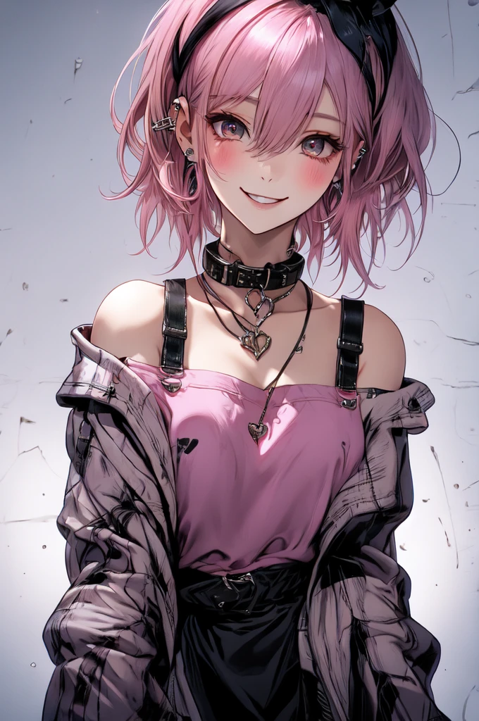 masterpiece, best quality, highres, 1girl, choker crown open jacket short sleeves shorts midriff studded belt fishnets chain gloves bracelet lying on back, arms up, bed sheet, smile