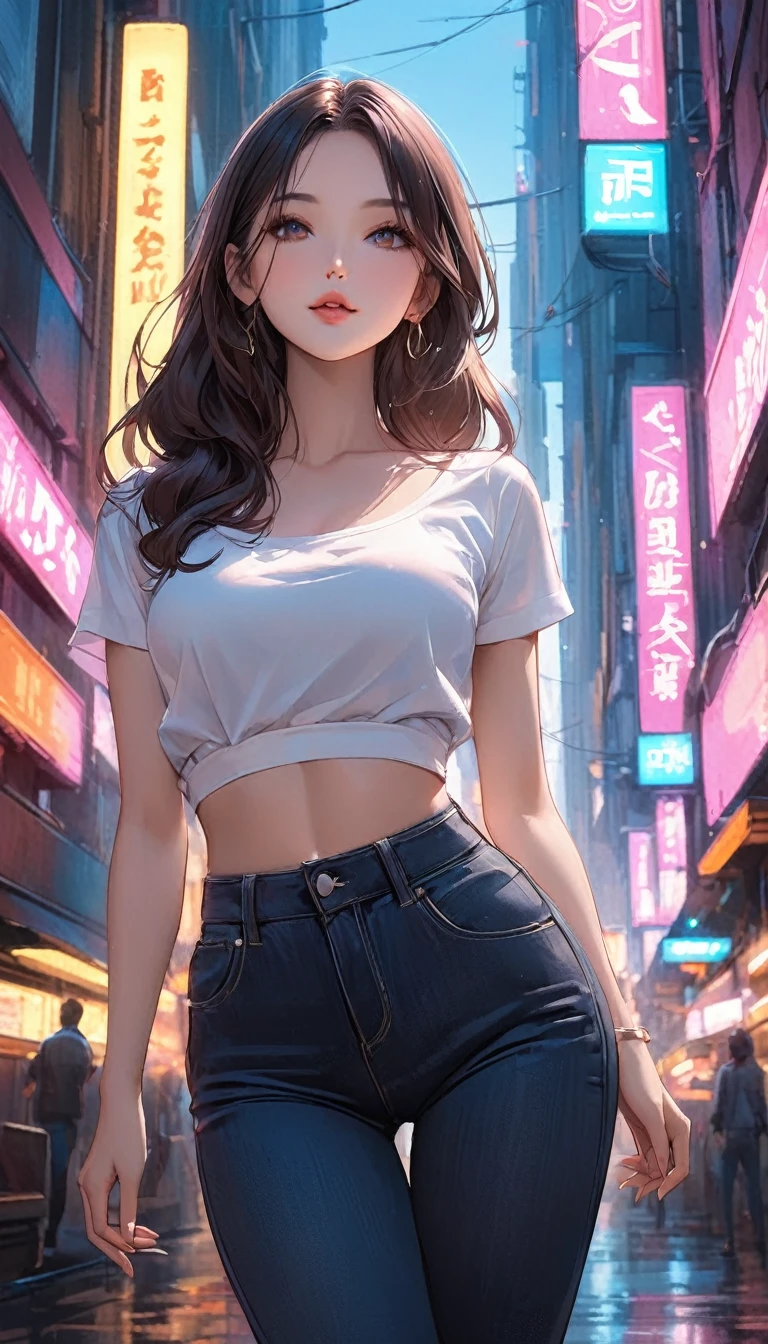 2.5D realistic anime, a (full body), young female hyperrealist, photorealistic, young female working class hero, workshirt, oversized, full body, beaty face, ((detailed face, eyes, nose, lips, blushing)), sunset behind unfinissed building constructions, (medium breast:0.8)