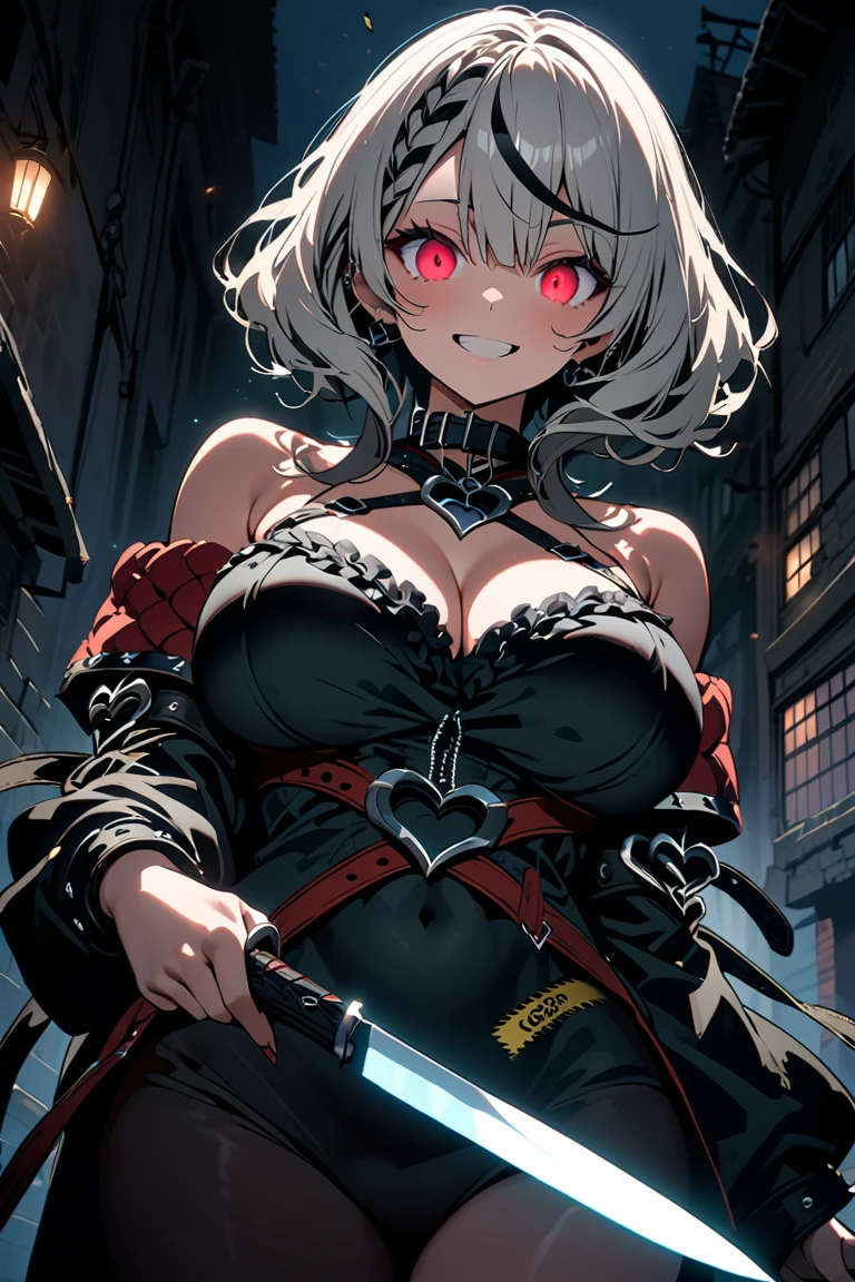 (single view:1.5), (single angle:1.4), (single cut:1.4), (solo), (1girl, (Sakamata Chloe:1.5), white hair, dark red eyes, (Huge breasts:1.2), The best valley, Wide Hips, Thick thighs, Plump, (ho****ve)), masterpiece, best quality, ultra high res, (anatomically perfect limbs:1.3), (anatomically perfect hands and fingers:1.3), (Highly detailed and beautiful background:1.4), (front view:1.5), (looking viewer:1.6), (beautiful eyes focus:1.6), (ideal ratio body proportions:1.5), (Perfect body beauty:1.6), (ultra beautiful detailed big eye:1.5), beautiful detailed hair , beautiful detailed face, perfect feminine face, (female assassin:1.2), (happy smile:1.5), open mouth, (Looks like fun:1.4), (walk towards viewer:1.3), (open arms to both sides), (holding knife:1.3), (glowing blade:1.3), (late night:1.3), (super dark:1.7), (glowing eyes), (Only her eyes and knife glow in the dark night:1.6), (back alleys of tokyo), (focus face), (full body:1.2), (only Silhouette Lighting:1.6) 