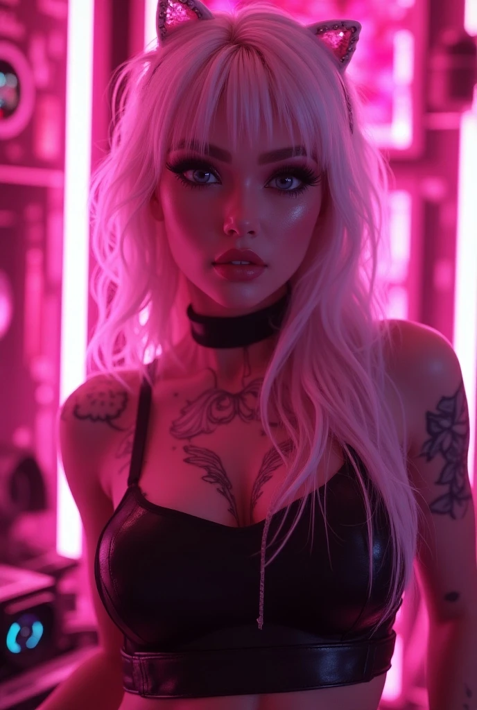mulher arafed com longos cabelos castanhos e uma regata cyberpunk neon, retrato, ela tem um rosto bonito, Imagens da webcam, clivagem, peituda, sexy look at the camera, Fotografado na webcam, 4 8 0 p, 480p, Seu peito, she's facing the camera, gorgeous female, fundo do clube de discoteca, RGB, LED Rave Lighting