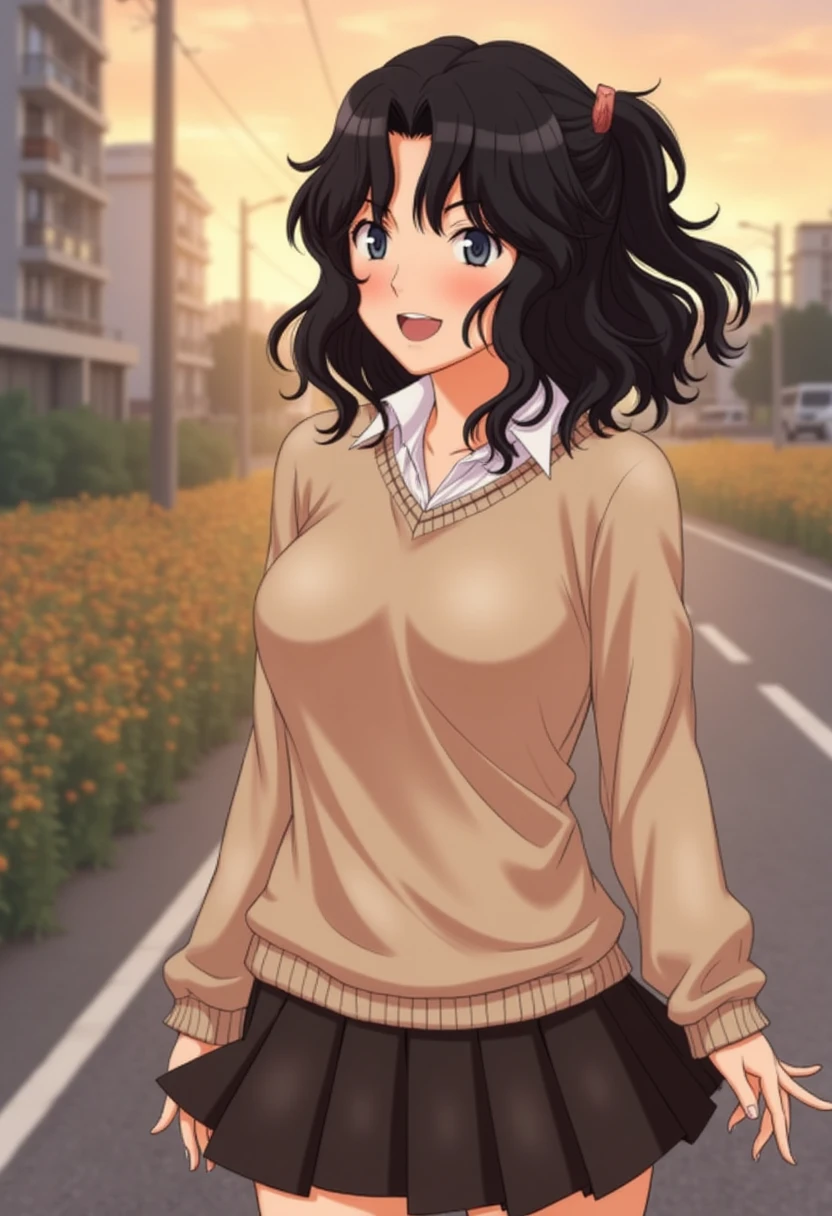 Kaoru Tanamachi(1:3), Ultra detailed face, Attention to detail,  anatomically correct body, whole body(1:2), (Beige knitwear style uniform:1.1), (Dark Brown Skirt:1.1), Japanese High School Uniform, Famous Tokyo Metropolitan High School Uniforms,  Knee-High Socks , Perfect Legs, , is laughing, Evening Road, sunset, Walking next to me, Brown Shoes