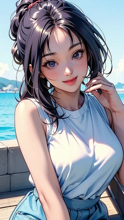 (Hires), (1girl), (18yo), (adult body), (adult body ratio), (cute school girl), (smiling gently), (wind blowing), (looking at the viewer), (breast gap), (blushed face), (detailed skin), (bodyhair:0.5), (sexy white blouse), (black eye liners)