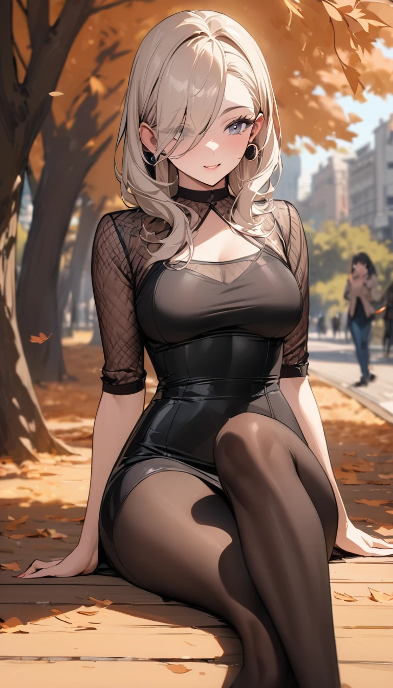 masterpiece, best quality, <lora:pkmncynthia-nvwls-v1:0.9> defCynthia, hair ornament, fur collar, cleavage, black gown, long sleeves, black pants, closed eyes, happy, grin, cityscape, sitting, bench, looking at viewer